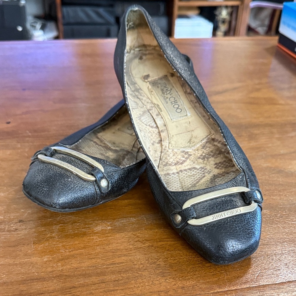 Jimmy Choo Black Leather Loafers with Gold Accents